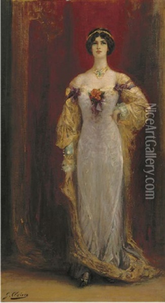 Portrait Of Cleo De Merode In A Lilac And Yellow Dress Oil Painting - Georges Jules Victor Clairin