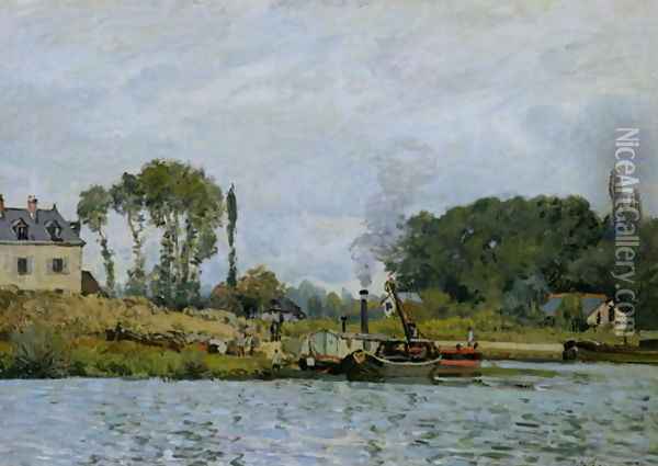 Boats at the lock at Bougival, 1873 Oil Painting - Alfred Sisley