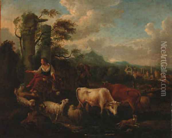 A drover with cattle, sheep and a dog fording a stream in an Italianate landscape Oil Painting - Michiel Carree