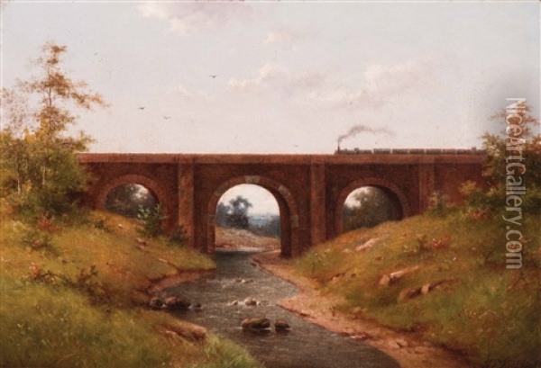 Railway Bridge Accross The River Brent (county Of Middlesex) Oil Painting - Hendrik Pieter Koekkoek