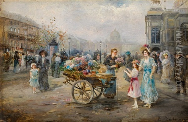 Flower Seller In Front Of The Vienna State Opera Oil Painting - Emil Barbarini