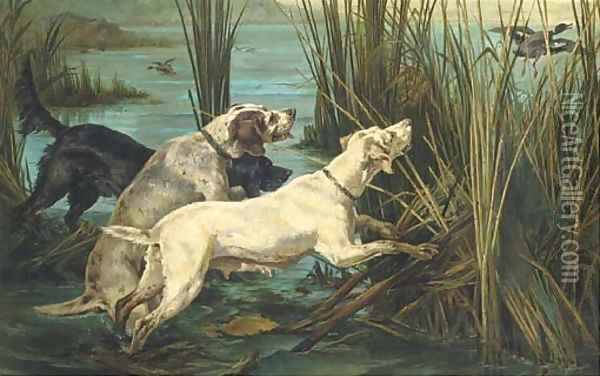 Gundogs with a snipe Oil Painting - French School