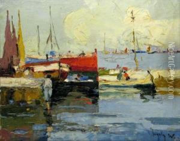 Barci In Port Oil Painting - Rudolf Negely