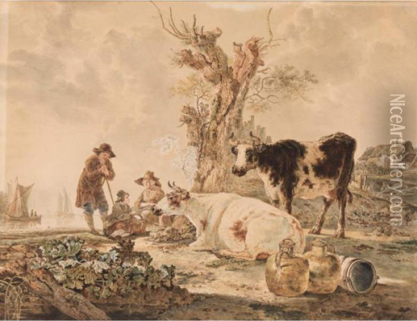 Peasants And Cattle Resting By A River Oil Painting - Jacob Van Stry