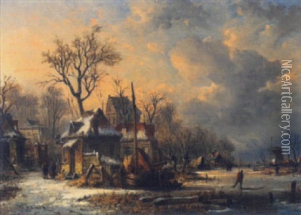 Hollandisches Winterlandschaft Oil Painting - Johannes Hilverdink