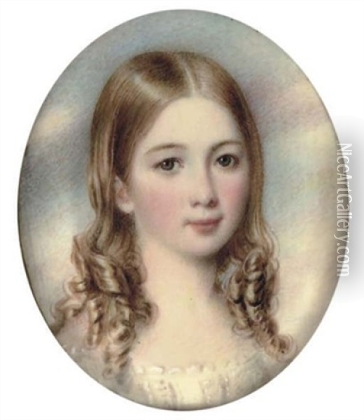 A Young Girl In White Dress, Her Fair Hair Falling In Ringlets Oil Painting - William Egley