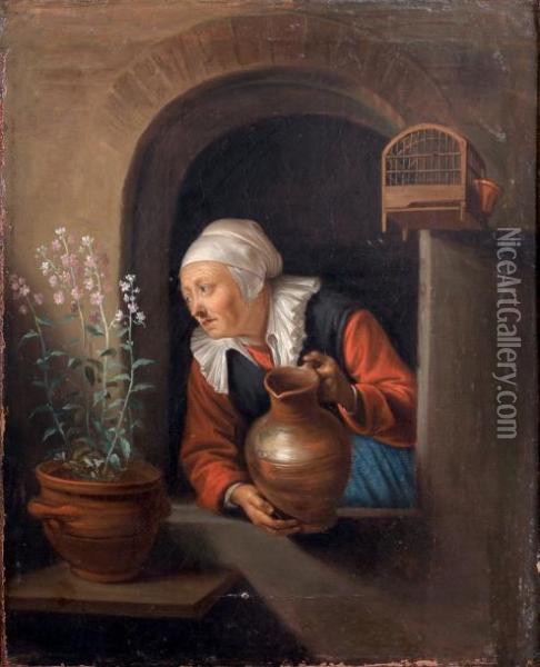 Femme A Sa Fenetre Arrosant Des Fleurs Oil Painting - Gerrit Dou