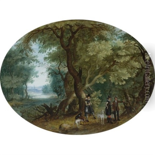 Hunters With Their Dogs In A Wooded Landscape Oil Painting - Isaac Van Oosten