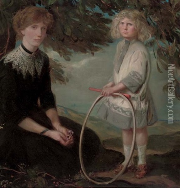 Portrait Of A Mother In A Garden, Her Son Standing Beside Her Holding A Hoop Oil Painting - Charles Haslewood Shannon
