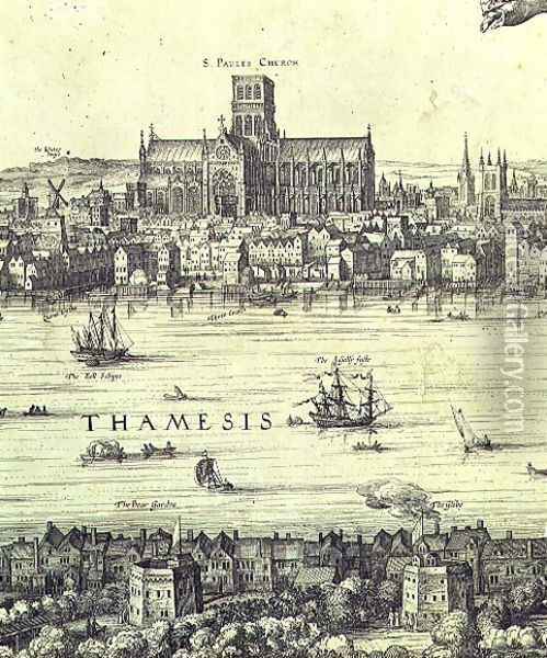 Panorama of London and the Thames, detail from part two showing St. Pauls Cathedral and the Globe Theatre, c.1600 Oil Painting - Nicolaes (Claes) Jansz Visscher