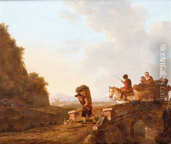 A Landscape With A Pedlar And Travellers On A Bridge Oil Painting - Jacob Van Stry