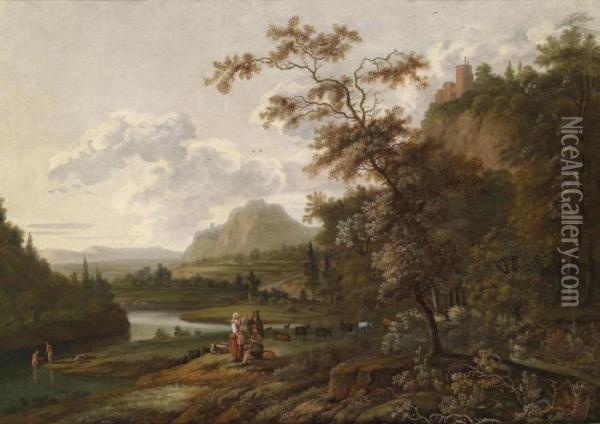 A Wide Landscape With Resting Shepherds Oil Painting - Jan Gabrielsz. Sonje