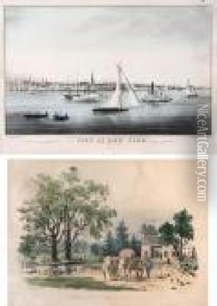 Toll-gate, Jamaica; A Home On 
Themississippi; The City Of New York; The Narrows, New York; Thebattery,
 New York; The Roadside Mill Oil Painting - Currier & Ives Publishers