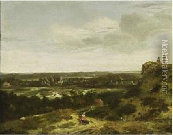 An Extensive Dune Landscape With A Woman Resting In The Foreground, And A View Of A Village Beyond Oil Painting - Jan van der Vaart