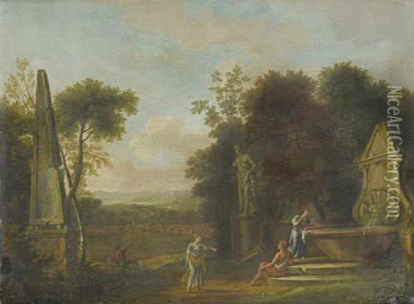 Figures At A Well, Amongst Classical Ruins, In An Italianate Landscape, With A Village In The Distance Oil Painting - Pieter Andreas Rysbrack