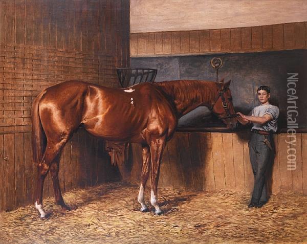 'avontes' And Groom In A Stable Interior Oil Painting - Charles Augustus Henry Lutyens