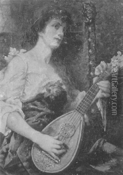Woman Strumming A Mandolin Oil Painting - Conrad Kiesel
