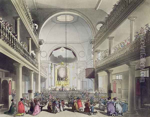 The Roman Catholic Chapel, Lincolns Inn Fields, from Ackermanns Microcosm of London, engraved by John Bluck fl.1791-1819, 1808 Oil Painting - T. Rowlandson & A.C. Pugin