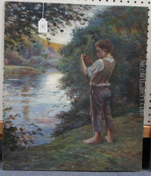 Boy Fishing On The Bank Of A River Oil Painting - Anders Zorn