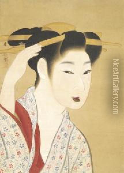 Beauty Adjusting Her Hair Ornaments Oil Painting - Gion Seitoku