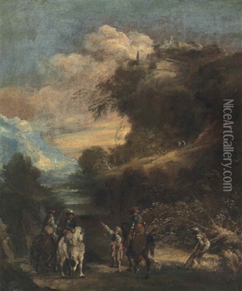 A River Landscape With A Cavalry Troop On A Path Oil Painting - Antonio Maria Marini