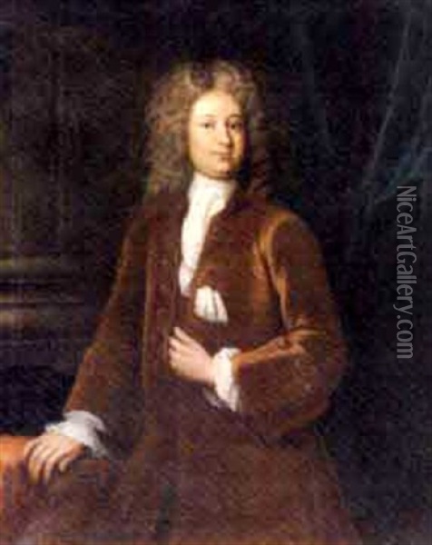 Portrait Of A Gentleman, In A Brown Velvet Coat And White Cravat, His Right Hand Resting On A Table, A Blue Curtain Beyond Oil Painting - James Latham