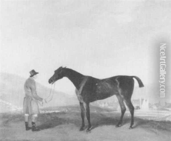 A Bay Racehorse Being Held By A Groom, An                   Extensive Landscape Beyond Oil Painting - John Nost Sartorius