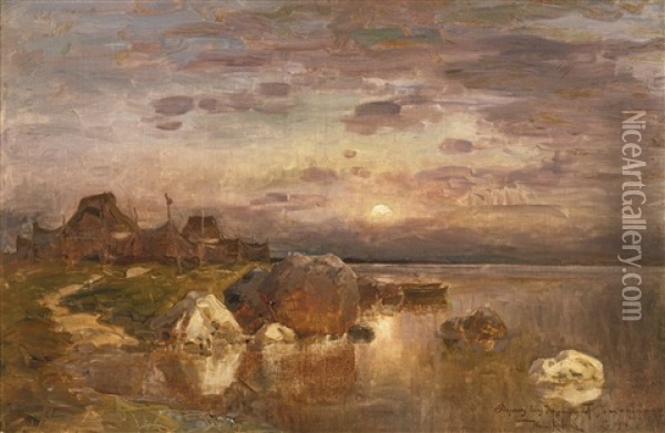 Sunset Over A Lake Oil Painting - Yuliy Yulevich (Julius) Klever
