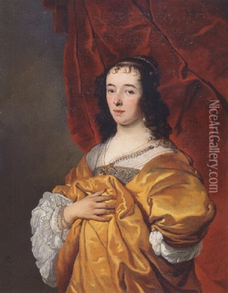 Portrait Of Geerruida Hasselaer Wearing A Yellow Silk Dress And Lace Chemise, Pearls And Bonnet Oil Painting - Jacob Adriaensz de Backer