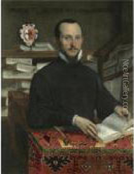 Portrait Of A Scholar In His Library, Half Length, Holding A Book Oil Painting - Federico Fiori Barocci