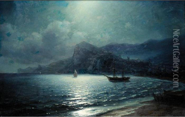 Shipping In A Bay By Moonlight Oil Painting - Ivan Konstantinovich Aivazovsky