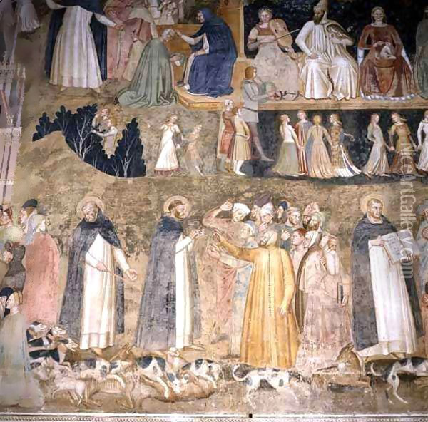 St. Dominic Sending Forth the Hounds of the Lord, with St. Peter Martyr and St. Thomas Aquinas Oil Painting - Andrea Bonaiuti da Da Firenze