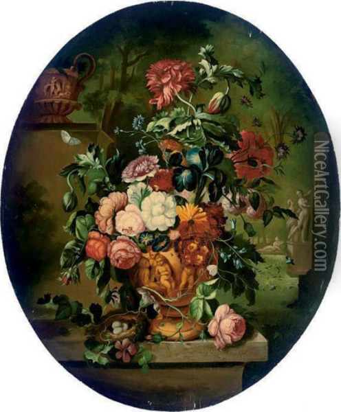 Chrysanthemums, Roses And Other Flowers In A Sculpted Urn, On Aledge Oil Painting - Jan Van Huysum