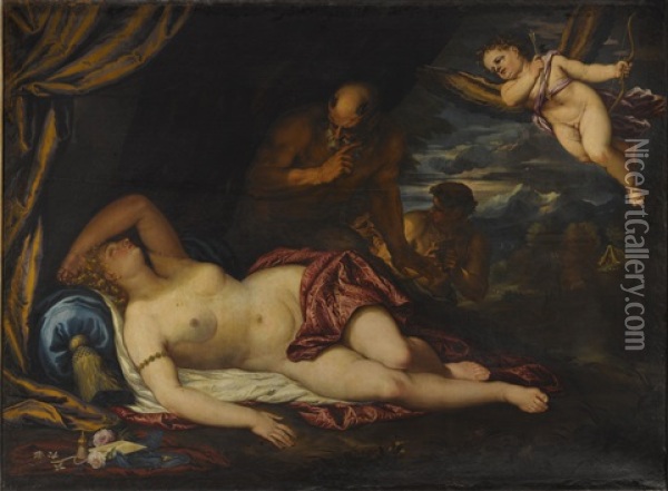 Sleeping Venus With Cupid And A Satyr, A Landscape Beyond Oil Painting - Valentin Lefebvre