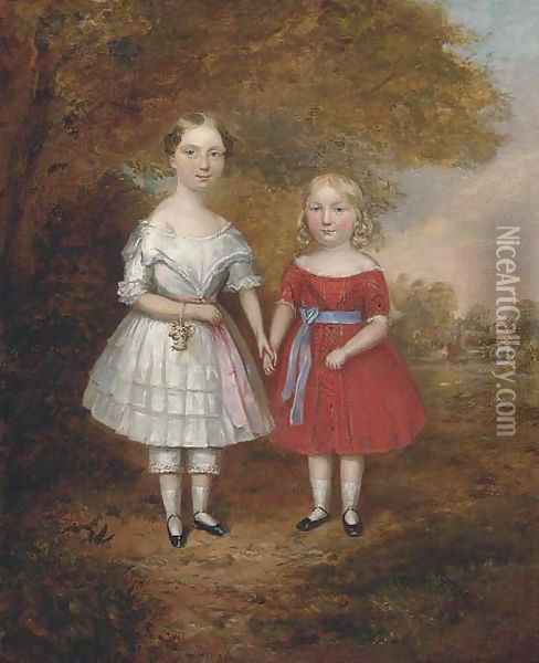 A double portrait of two young girls Oil Painting - English School
