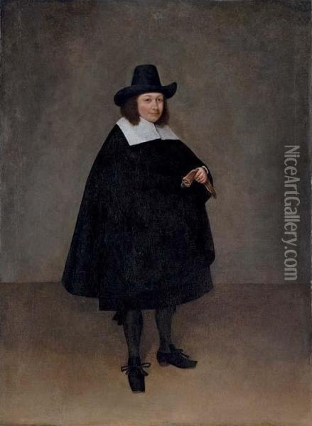 Portrait Of A Gentleman, 
Full-length, Wearing A Black Suit And Hat, With Gloves In His Right Hand Oil Painting - Gerard Terborch