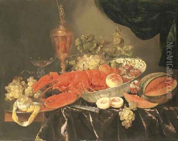 A lobster with grapes and a peach in a Wan-li 'kraak' porselein bowl, a silver-gilt cup and cover, a facon-de-Venise wine glass, a melon, a knife Oil Painting - Abraham Hendrickz Van Beyeren