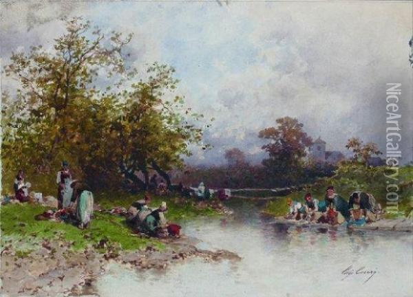 Les Lavandieres Oil Painting - Ciceri, Eugene