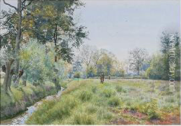 River Landscape With Church In 
The Distance; And Another Country Landscape With Huntsman, A Pair Oil Painting - William Fraser Garden