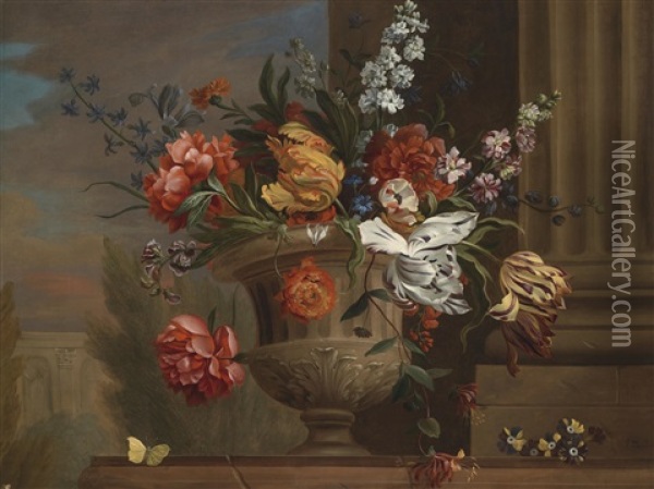 Ein Blumenbouquet In Reliefierter Steinvase Vor Architektonischer Kulisse Oil Painting - Jakob Bogdani