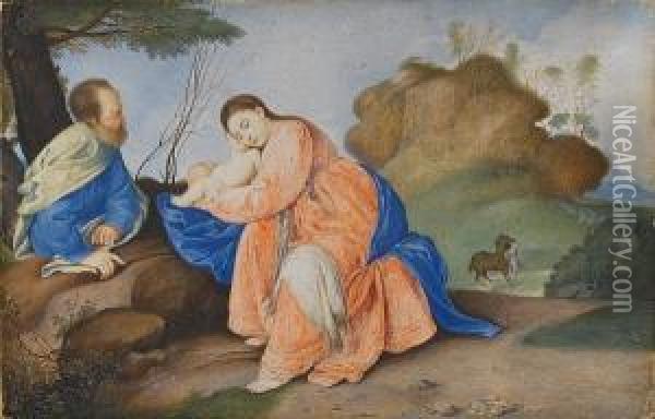 A Rare And Important Cabinet Miniature 'the Rest On The Flight Into Egypt'. Oil Painting - Peter Oliver
