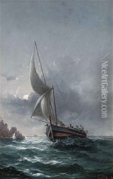 A Maltese Fishing Vessel Off The Coast Under Moonlight Oil Painting - Luigi Maria Galea