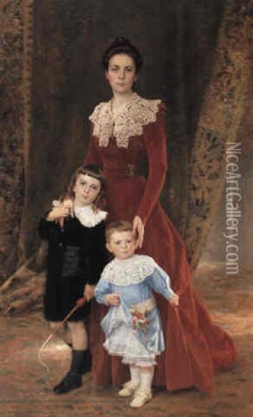 Portrait Of A Lady With Her Children Oil Painting - Timoleon Marie Lobrichon