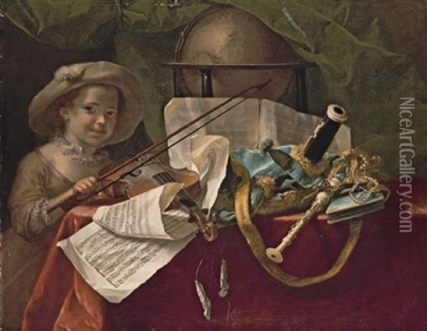 Pipes, A Violin, A Globe And Sheet Music On A Draped Table With A Girl Holding A Violin Bow Oil Painting - Nicolas Henry Jeaurat De Bertry