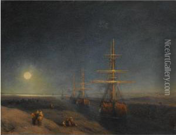 Ships Passing Through A Canal In Moonlight Oil Painting - Ivan Konstantinovich Aivazovsky