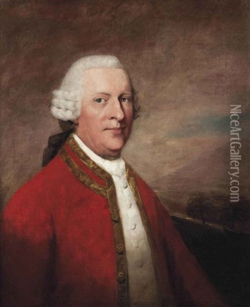 Portrait Of A Gentleman, Traditionally Identified As James Sinclair Lockhart, Half-length, In A White Waistcoat And Red Coat Trimmed With Gold... Oil Painting - Sir Henry Raeburn