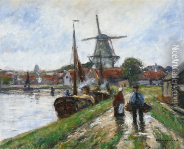 Dorf Am Kanal Mit Booten Und Windmuhle Oil Painting - Helmuth Liesegang