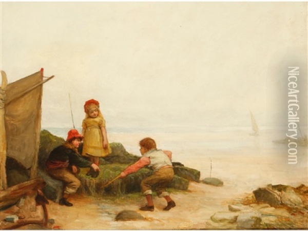 Children Playing In Rock Pools At The Shoreline Oil Painting - John Burr