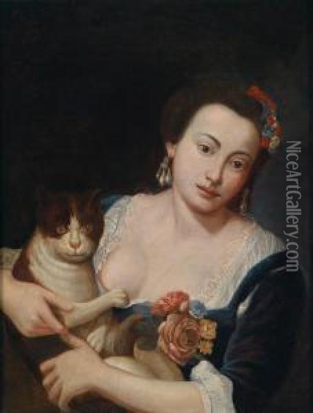 Giovane Dama Che Gioca Con Il Suo Gatto Oil Painting - Giuseppe Bonito