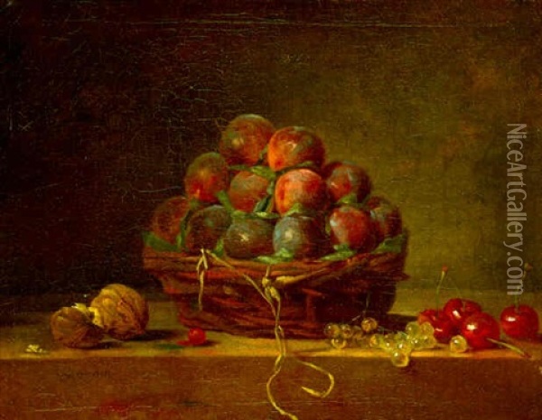 Panier De Prunes Avec Noix, Groseilles Et Cerises Sur Un Entablement Oil Painting - Jean-Baptiste-Simeon Chardin